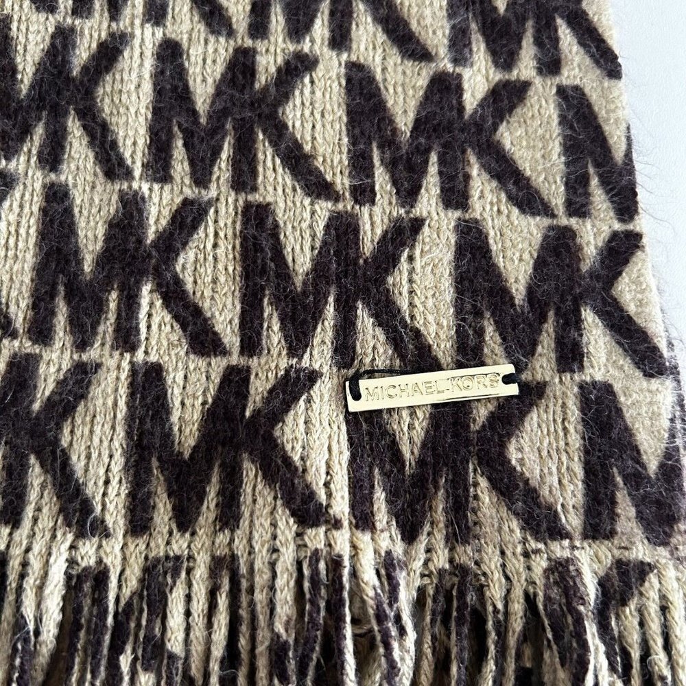 Genuine MICHAEL KORS Scarf Monogram Tan Brown Fringe 93" long 100% Acrylic EUC